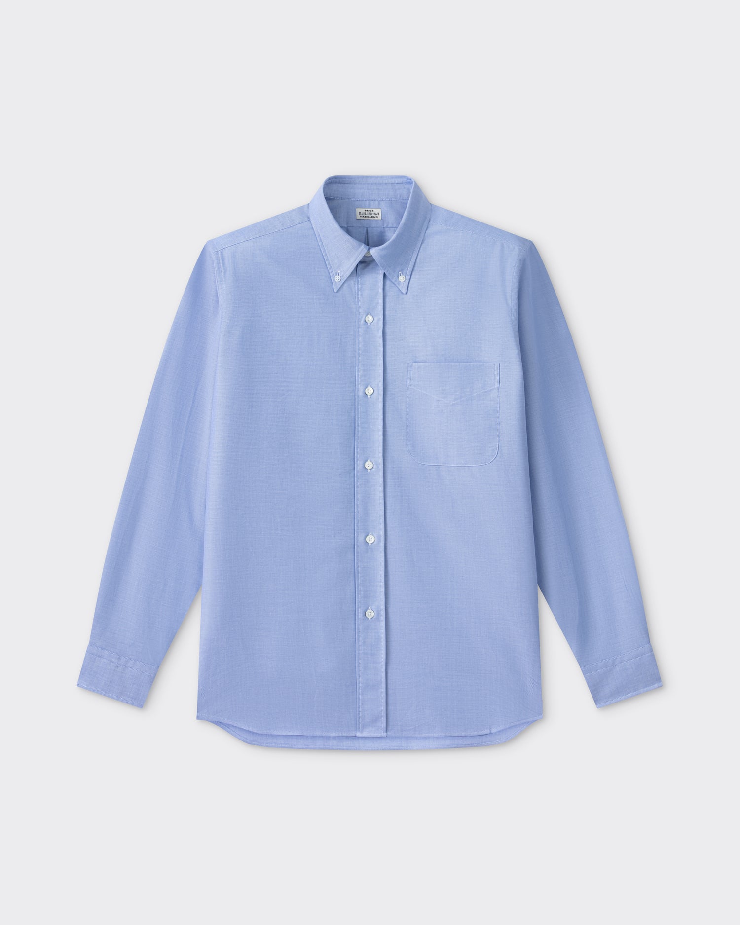 Sky blue cotton oxford OCBD shirt, front view, BEIGE HABILLEUR PARIS