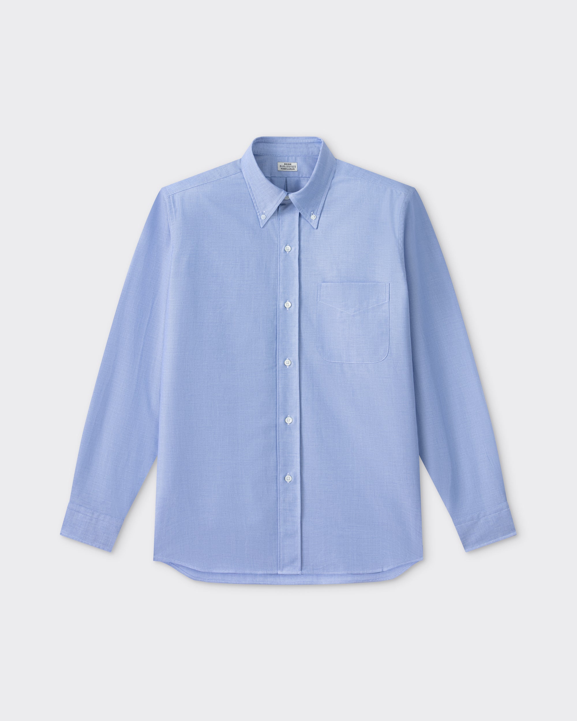 Sky blue cotton oxford OCBD shirt, front view, BEIGE HABILLEUR PARIS