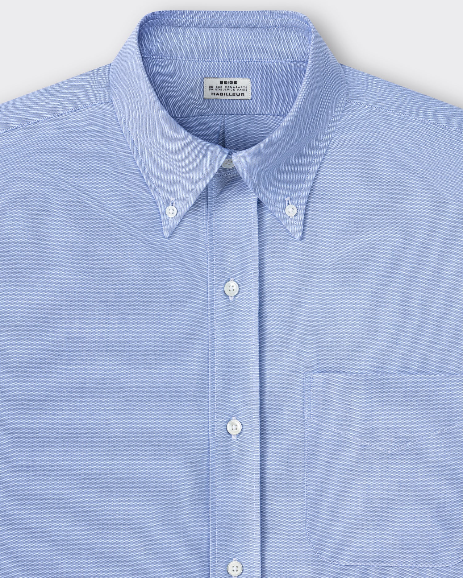 Button-down collar detail, sky blue cotton oxford OCBD shirt, BEIGE HABILLEUR PARIS