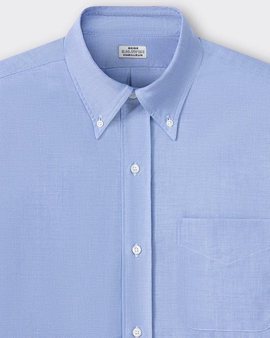 Button-down collar detail, sky blue cotton oxford OCBD shirt, BEIGE HABILLEUR PARIS