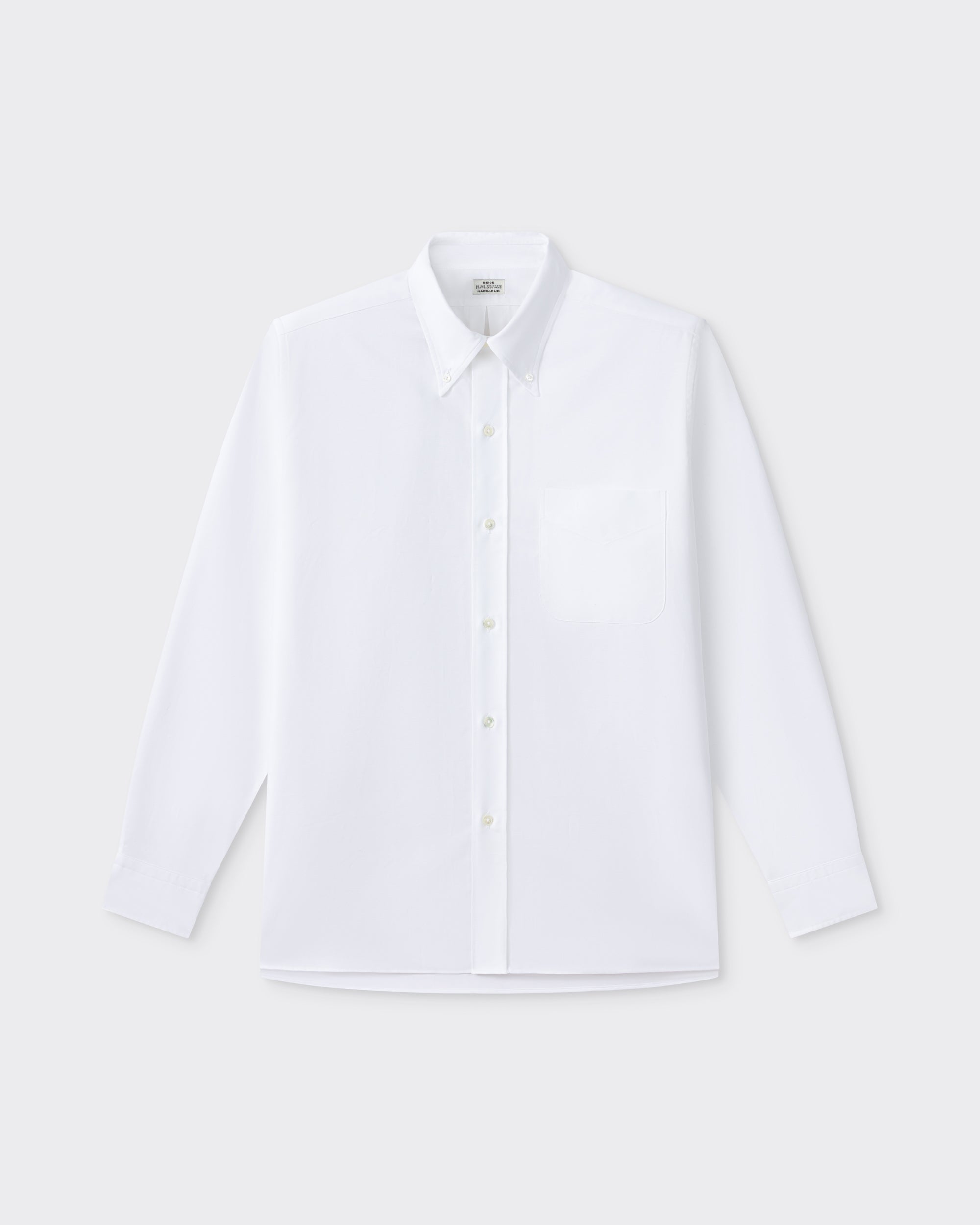 White cotton oxford OCBD shirt, front view, BEIGE HABILLEUR PARIS