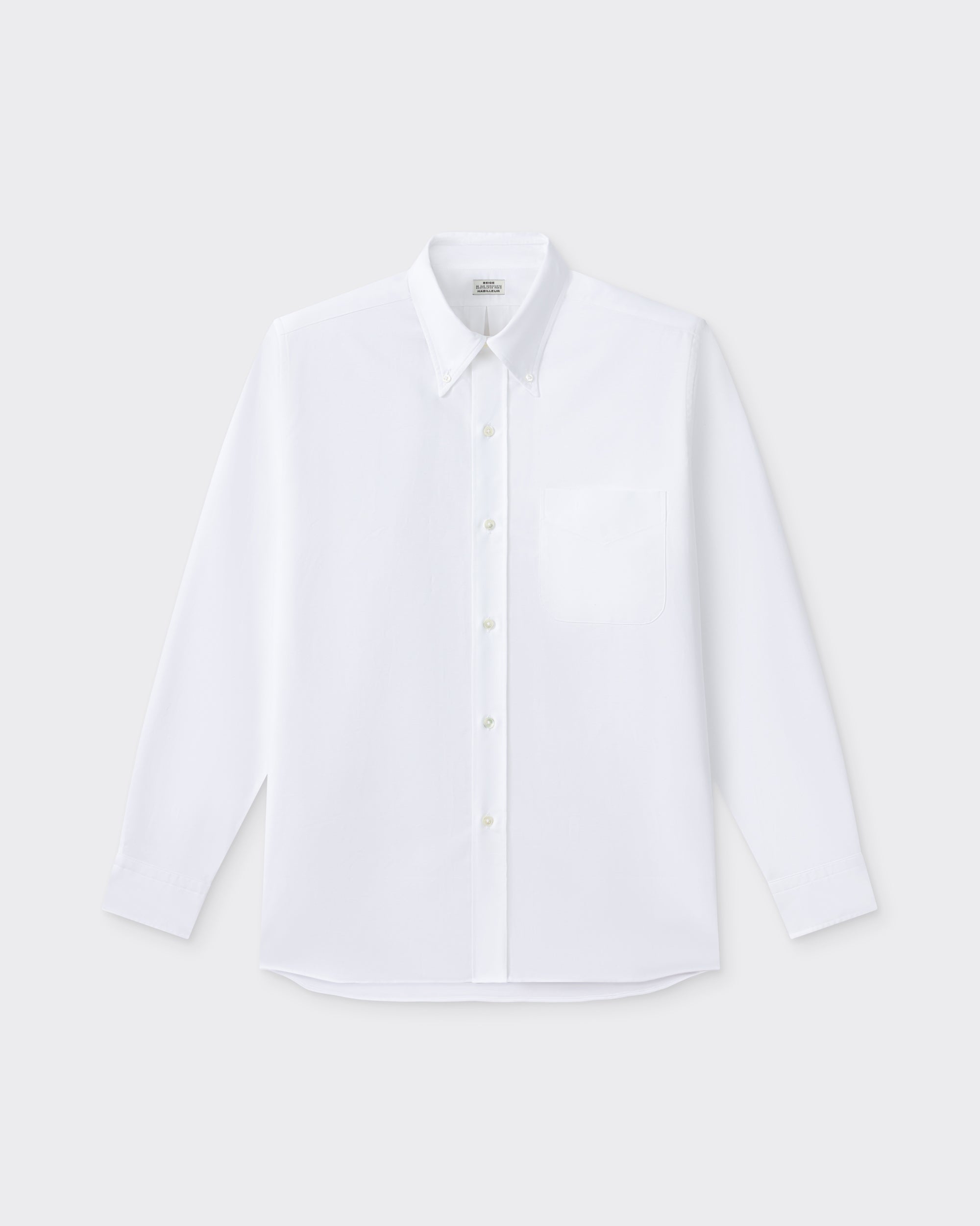 White cotton oxford OCBD shirt, front view, BEIGE HABILLEUR PARIS