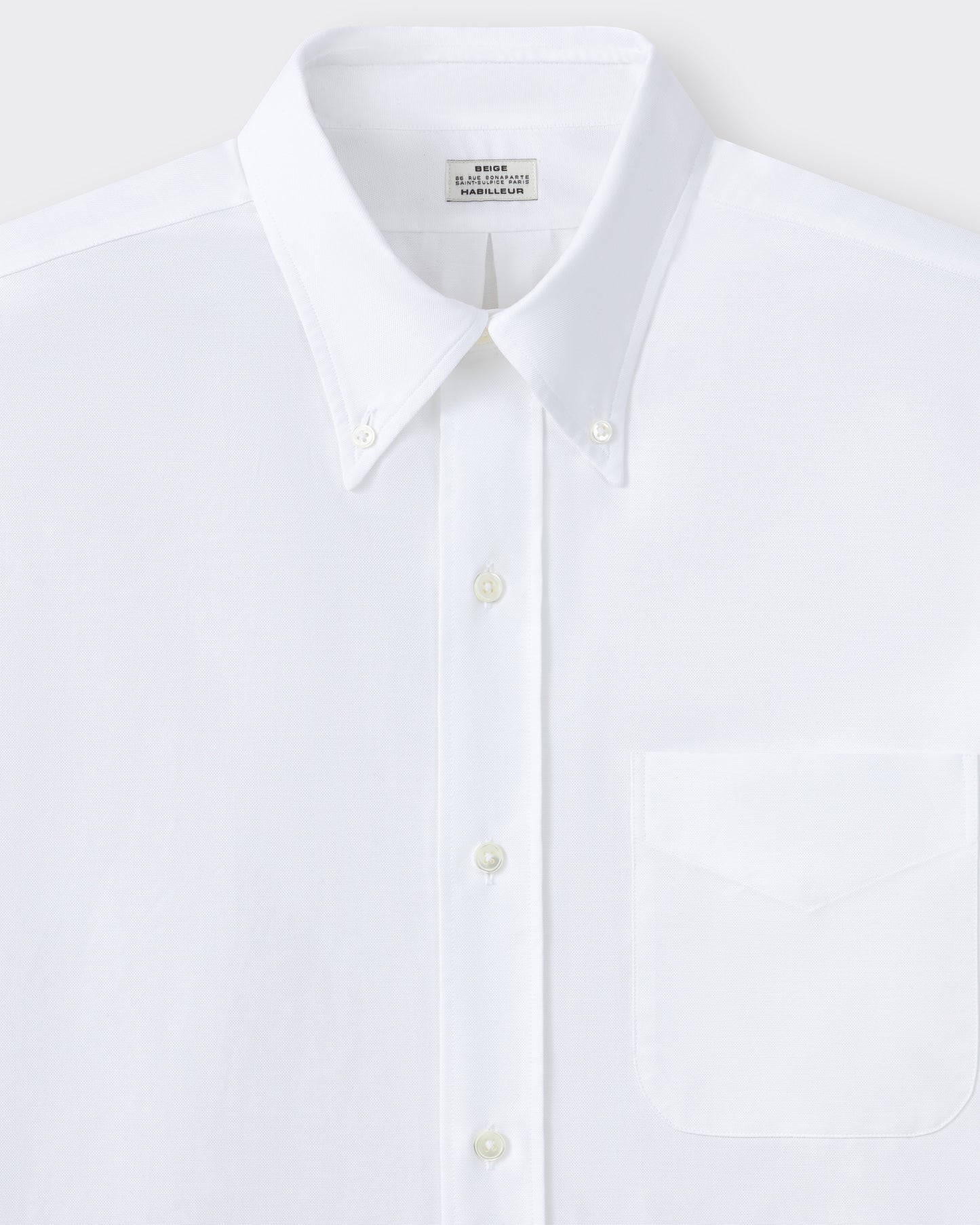 Button-down collar detail, white cotton oxford OCBD shirt, BEIGE HABILLEUR PARIS