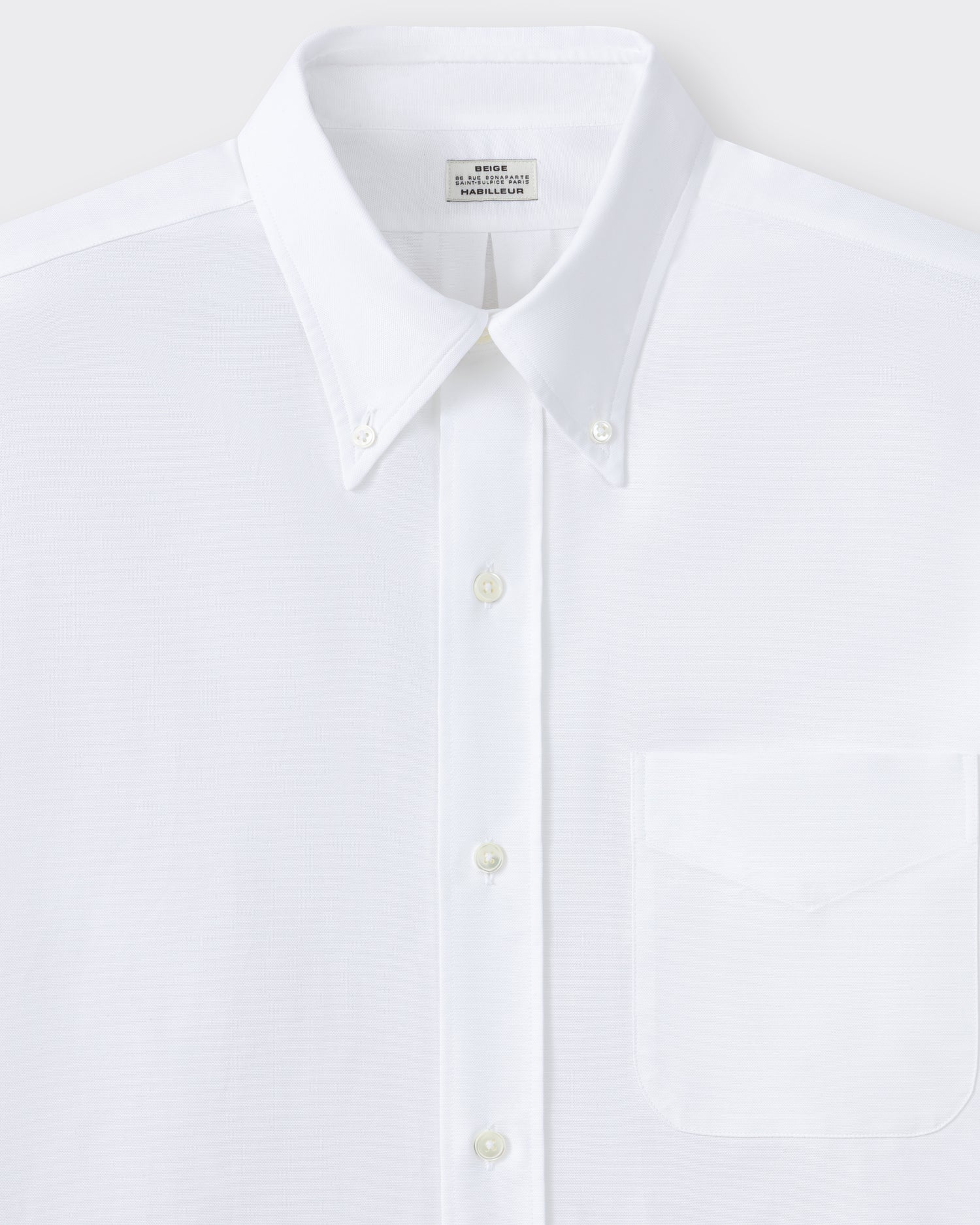 Button-down collar detail, white cotton oxford OCBD shirt, BEIGE HABILLEUR PARIS
