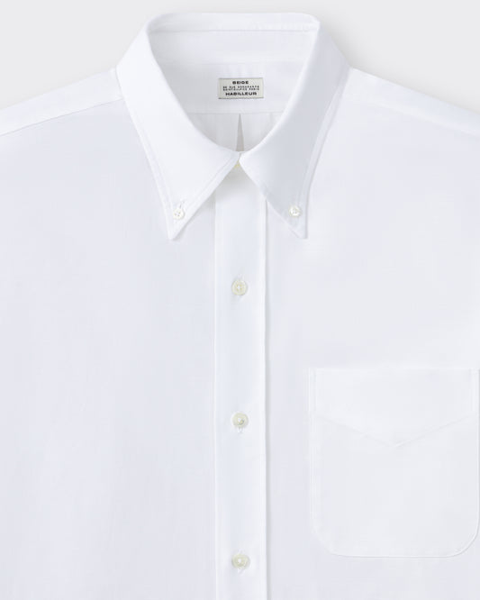 Button-down collar detail, white cotton oxford OCBD shirt, BEIGE HABILLEUR PARIS