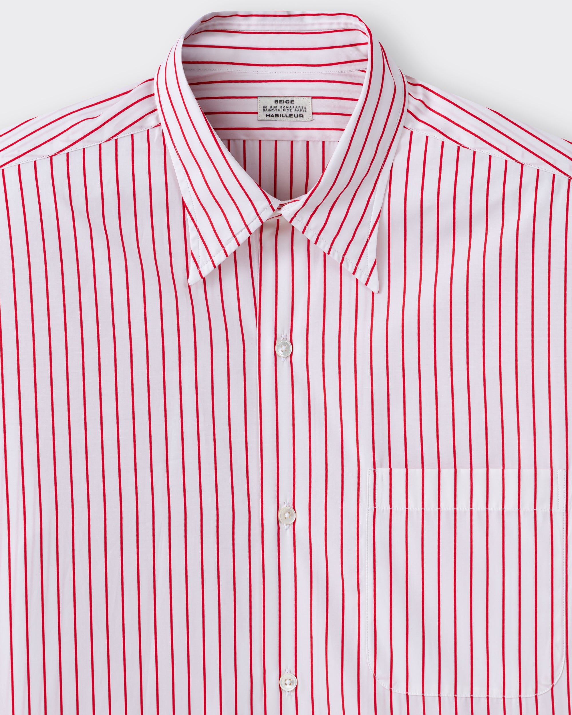 Classic collar detail, white and red striped cotton poplin shirt, BEIGE HABILLEUR PARIS
