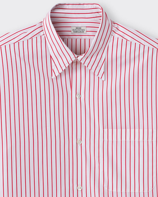 Classic collar detail, white and red striped cotton poplin shirt, BEIGE HABILLEUR PARIS