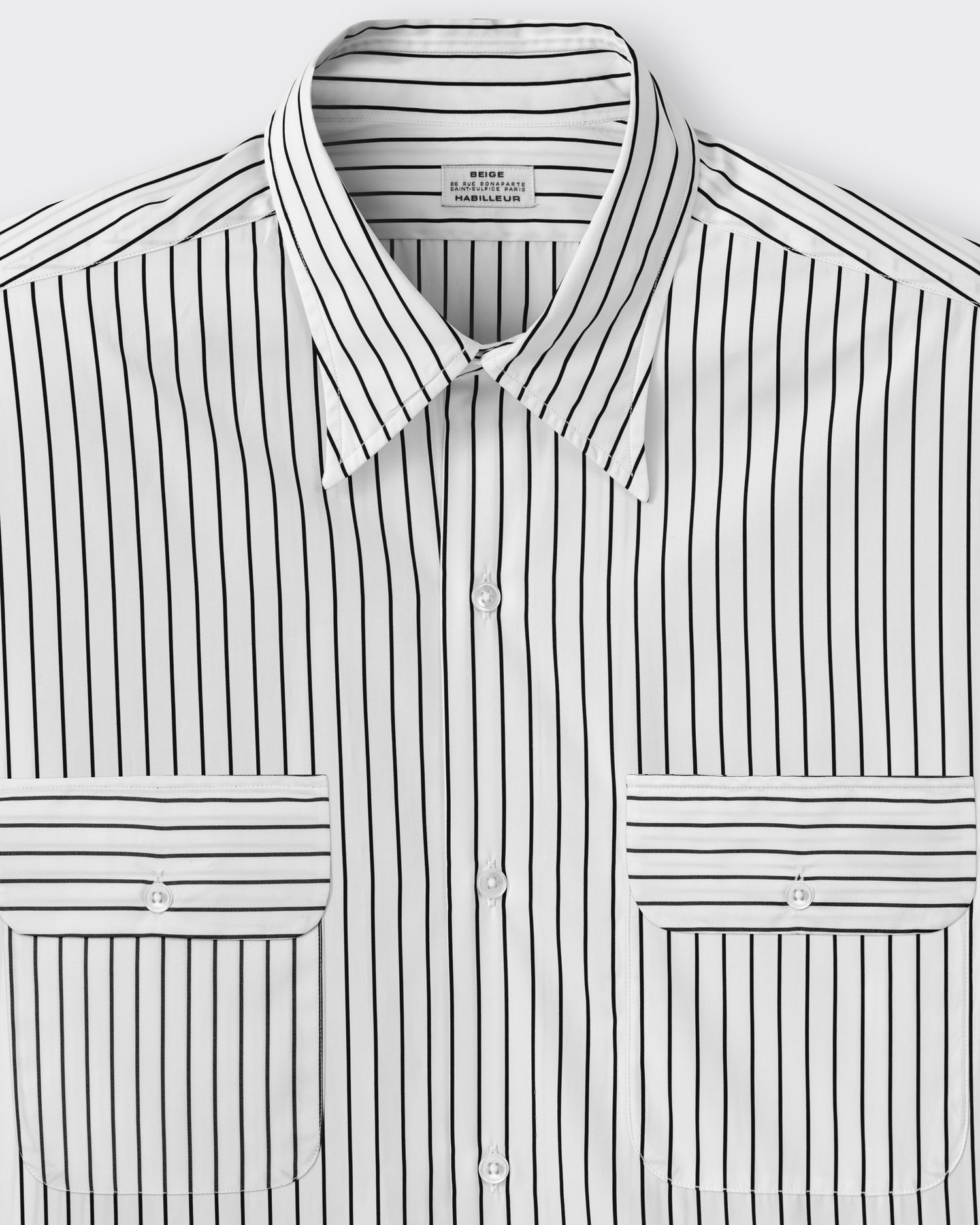 Classic collar detail, white and black striped cotton poplin shirt, BEIGE HABILLEUR PARIS