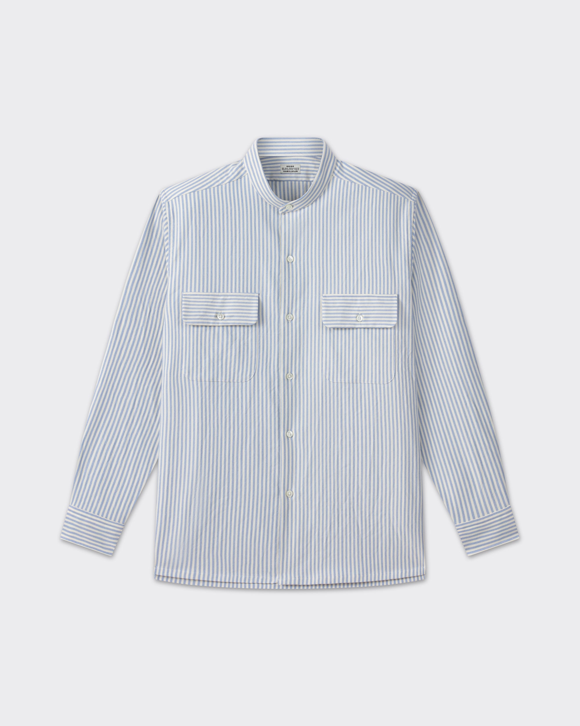 Cream and blue cotton oxford shirt, front view, BEIGE HABILLEUR PARIS
