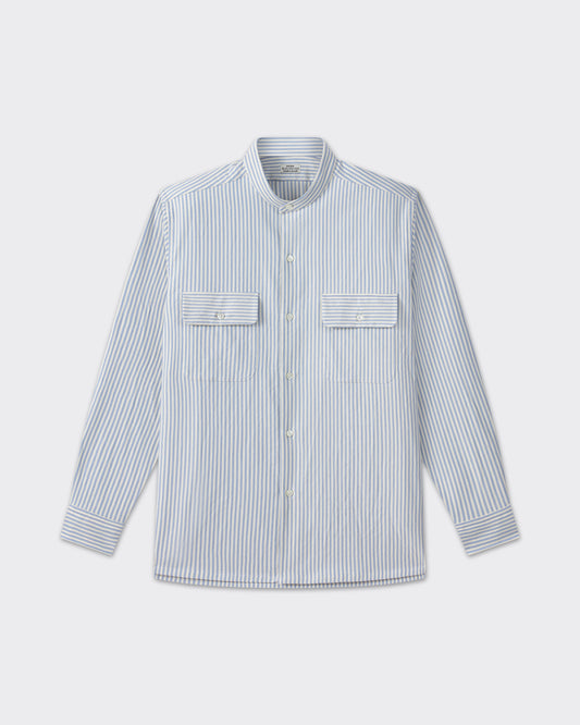 Cream and blue cotton oxford shirt, front view, BEIGE HABILLEUR PARIS