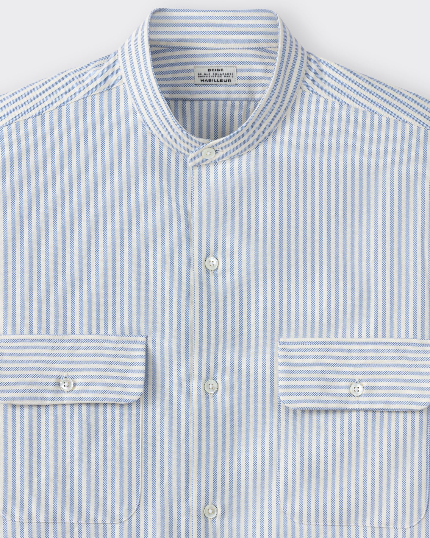 Band collar detail, cream and blue cotton oxford shirt, BEIGE HABILLEUR PARIS