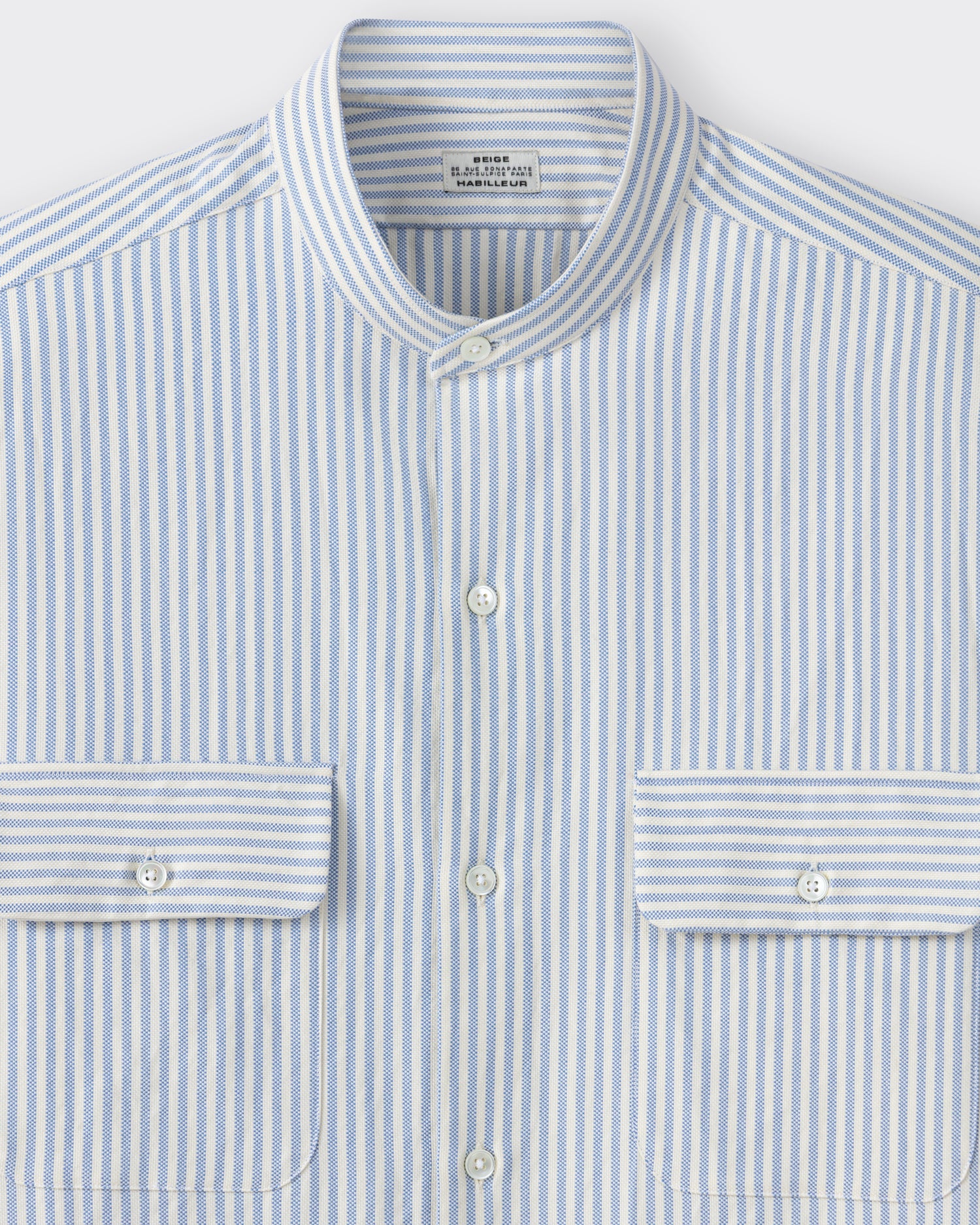Band collar detail, cream and blue cotton oxford shirt, BEIGE HABILLEUR PARIS