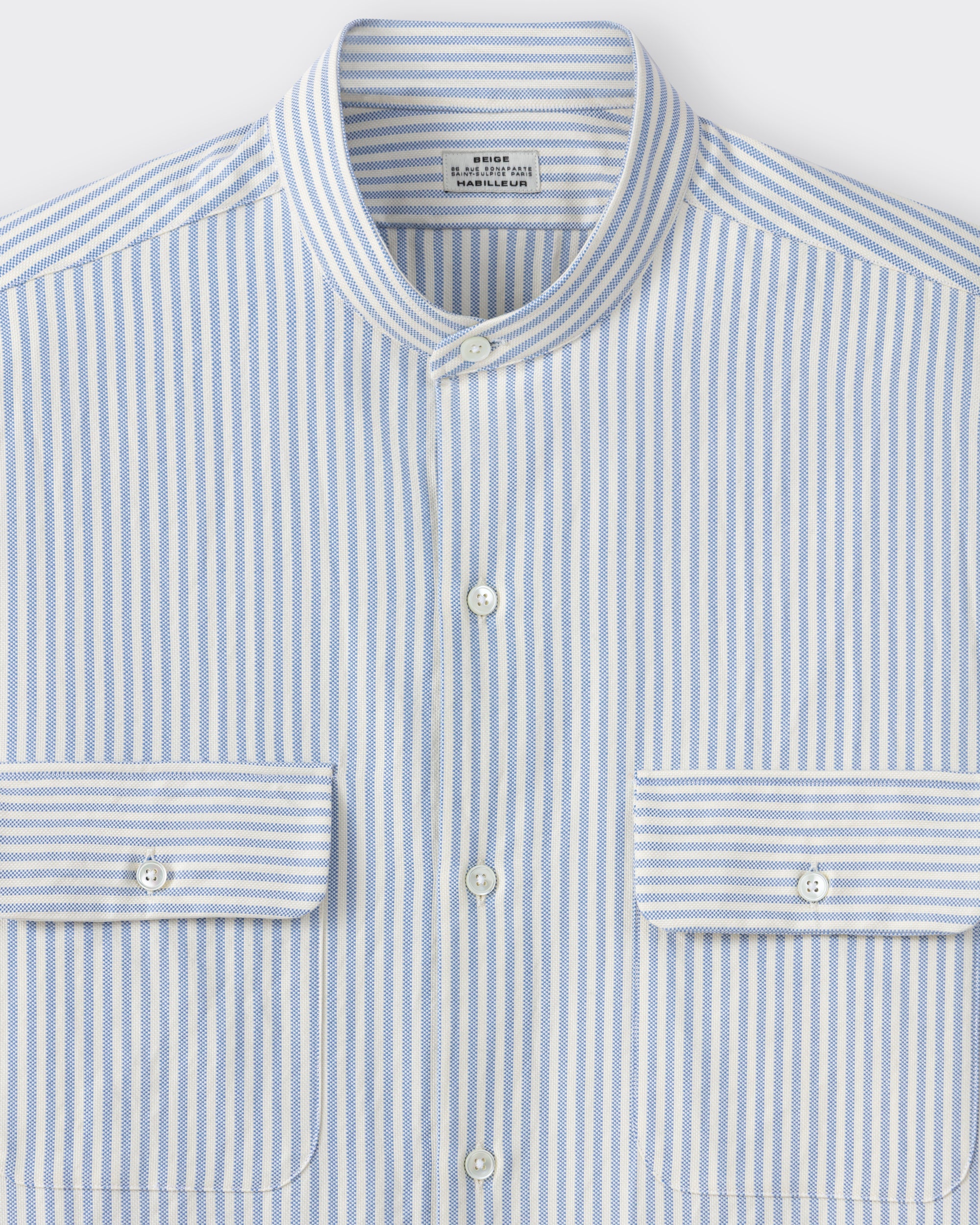 Band collar detail, cream and blue cotton oxford shirt, BEIGE HABILLEUR PARIS