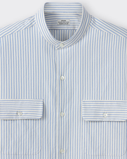Band collar detail, cream and blue cotton oxford shirt, BEIGE HABILLEUR PARIS