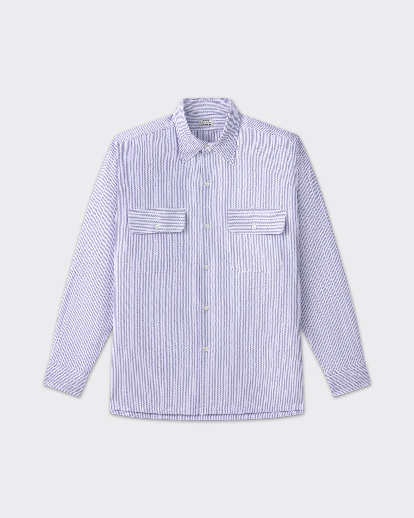White and lavender striped cotton oxford shirt, front view, BEIGE HABILLEUR PARIS