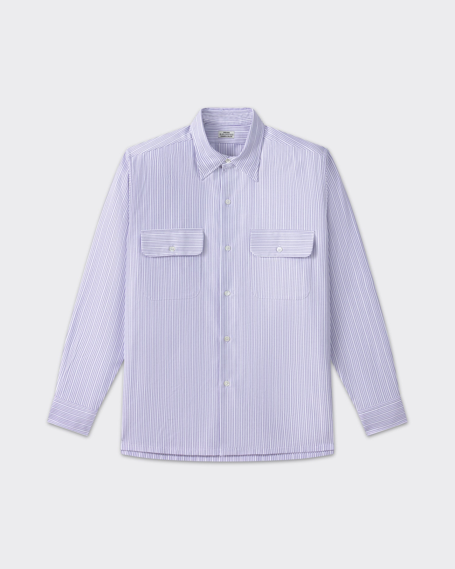 White and lavender striped cotton oxford shirt, front view, BEIGE HABILLEUR PARIS