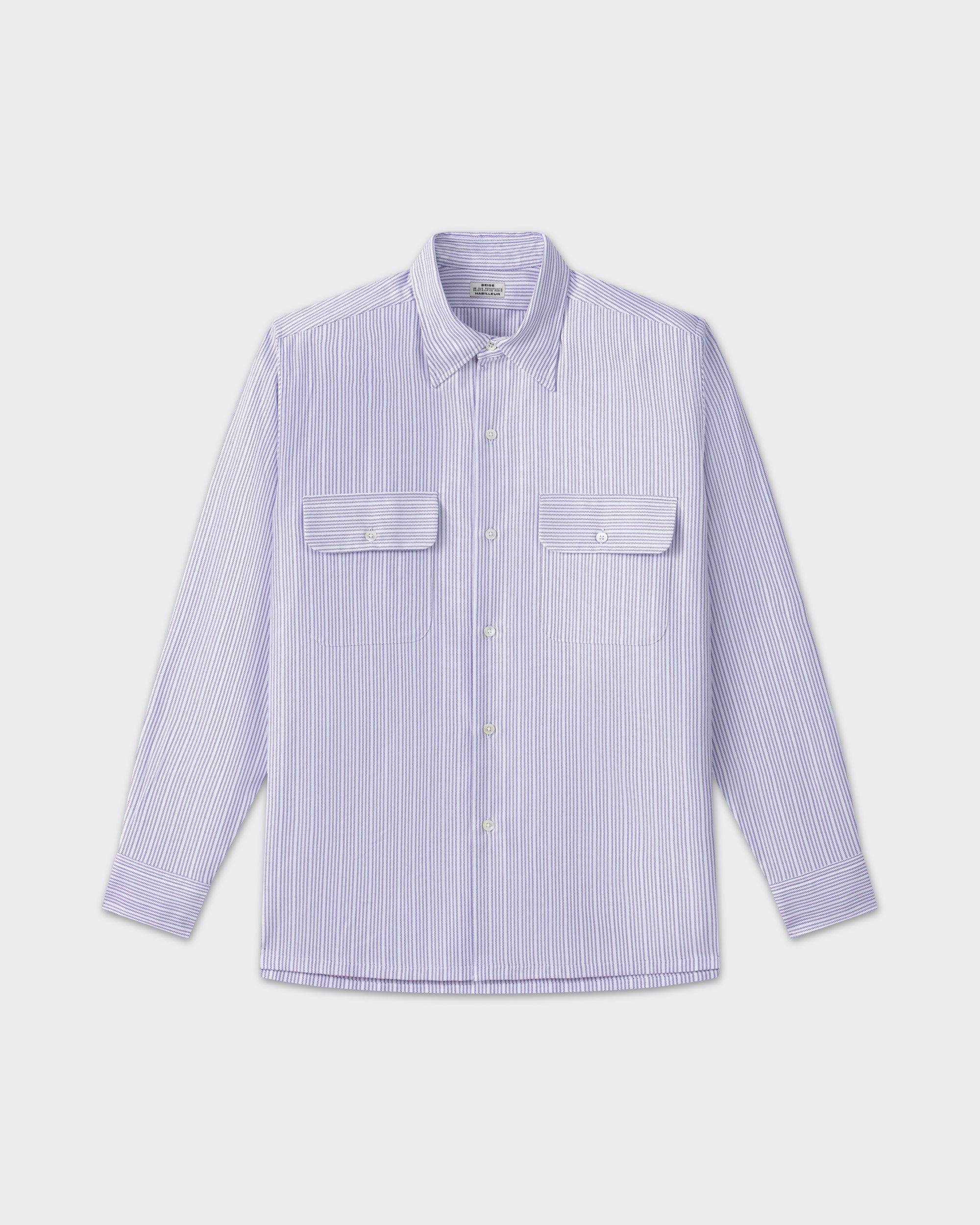 White and lavender striped cotton oxford shirt, front view, BEIGE HABILLEUR PARIS