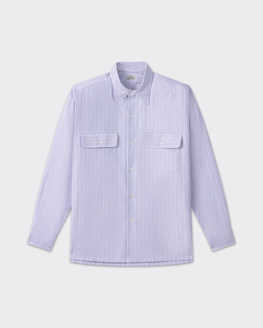 White and lavender striped cotton oxford shirt, front view, BEIGE HABILLEUR PARIS