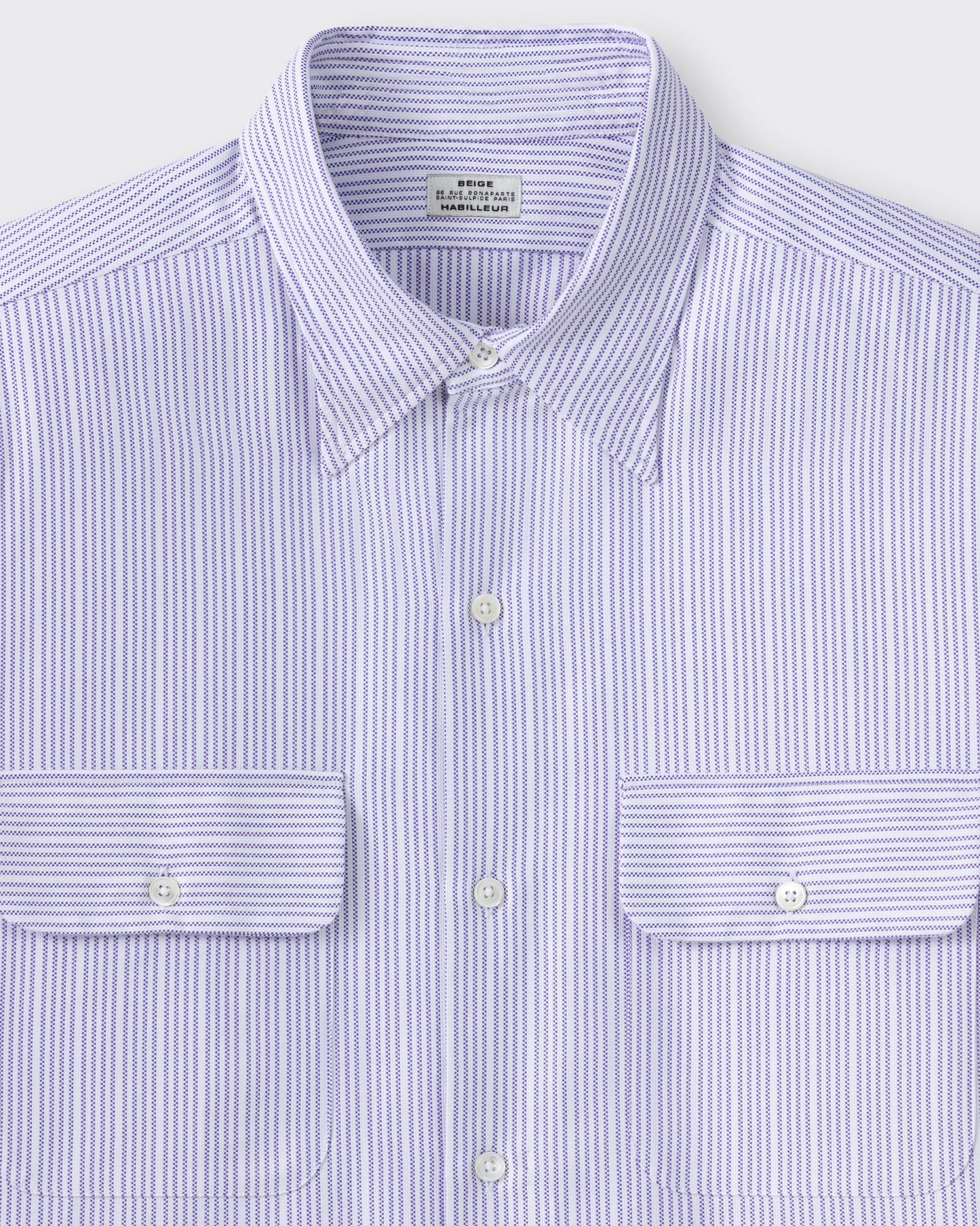 Classic collar detail, white and lavender striped cotton oxford shirt, BEIGE HABILLEUR PARIS
