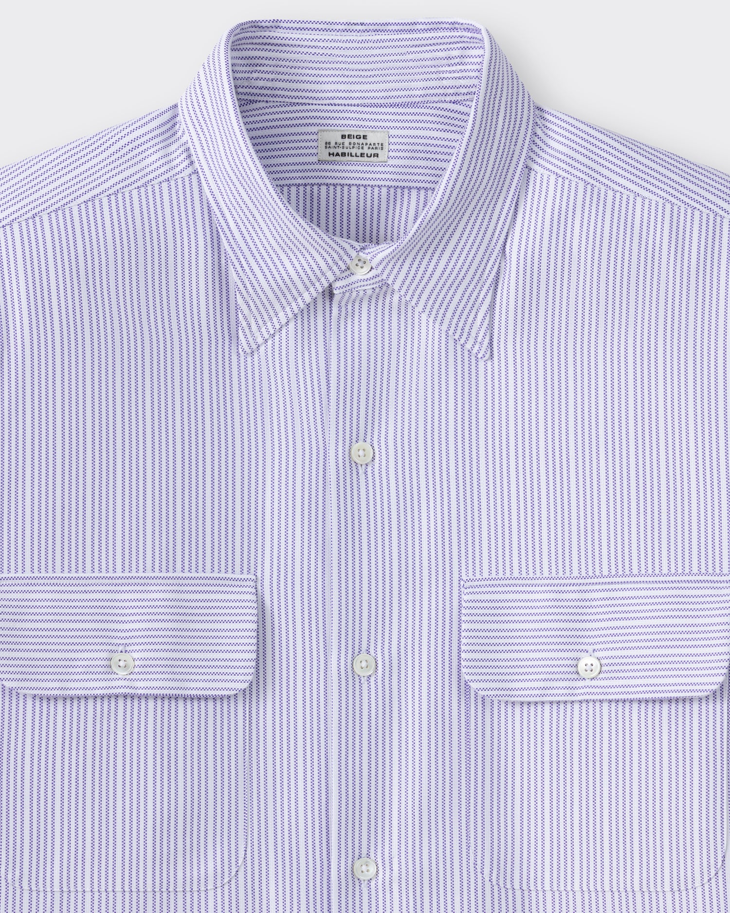 Classic collar detail, white and lavender striped cotton oxford shirt, BEIGE HABILLEUR PARIS
