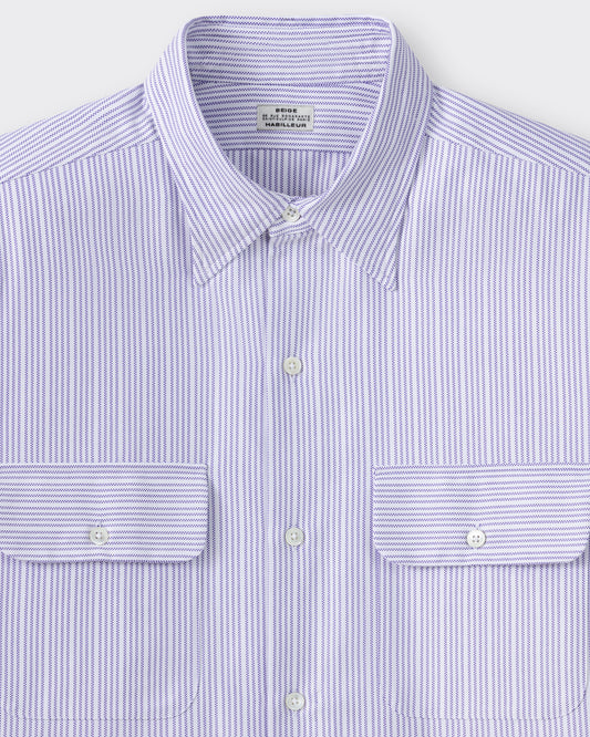 Classic collar detail, white and lavender striped cotton oxford shirt, BEIGE HABILLEUR PARIS