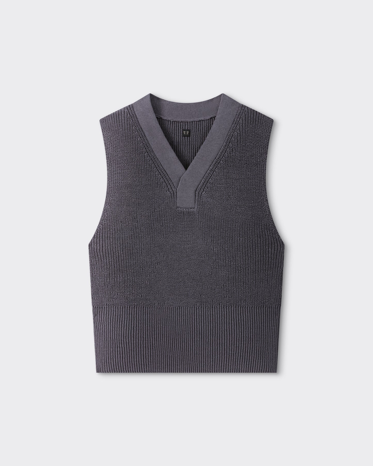 T.T Lot.532 V Neck Vest in slate grey cotton, front view – Beige Habilleur