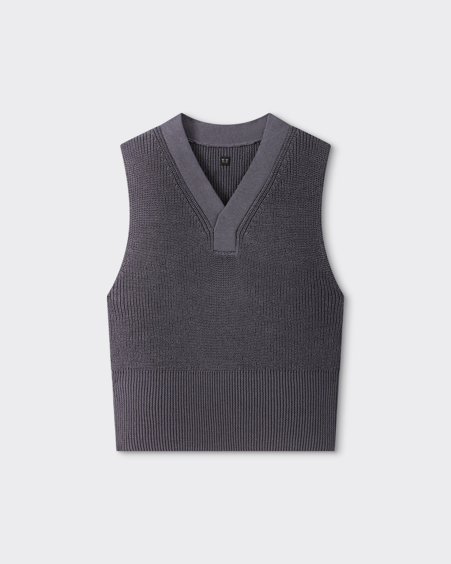 T.T Lot.532 V Neck Vest in slate grey cotton, front view – Beige Habilleur