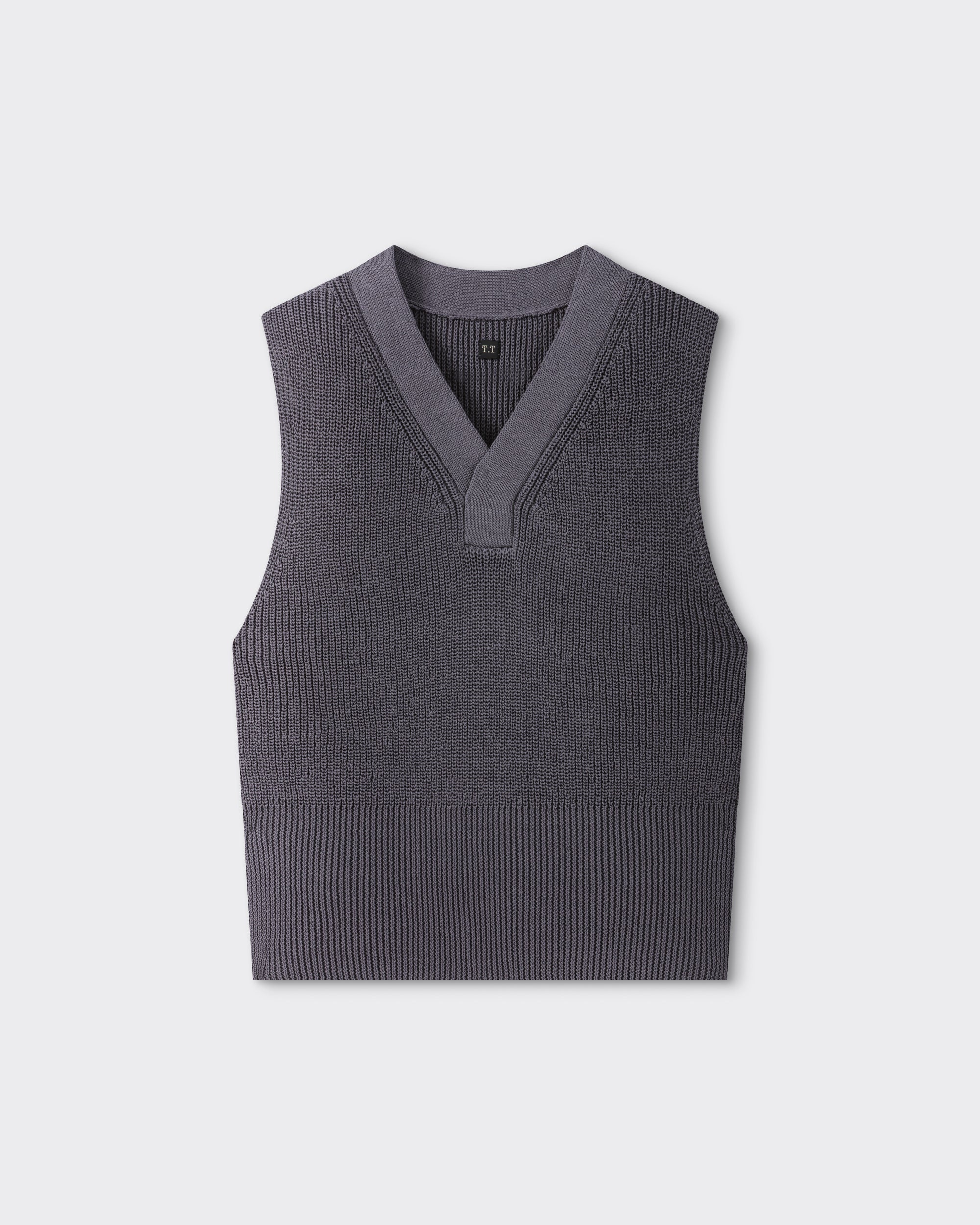 T.T Lot.532 V Neck Vest in slate grey cotton, front view – Beige Habilleur