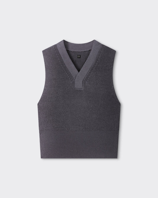 T.T Lot.532 V Neck Vest in slate grey cotton, front view – Beige Habilleur