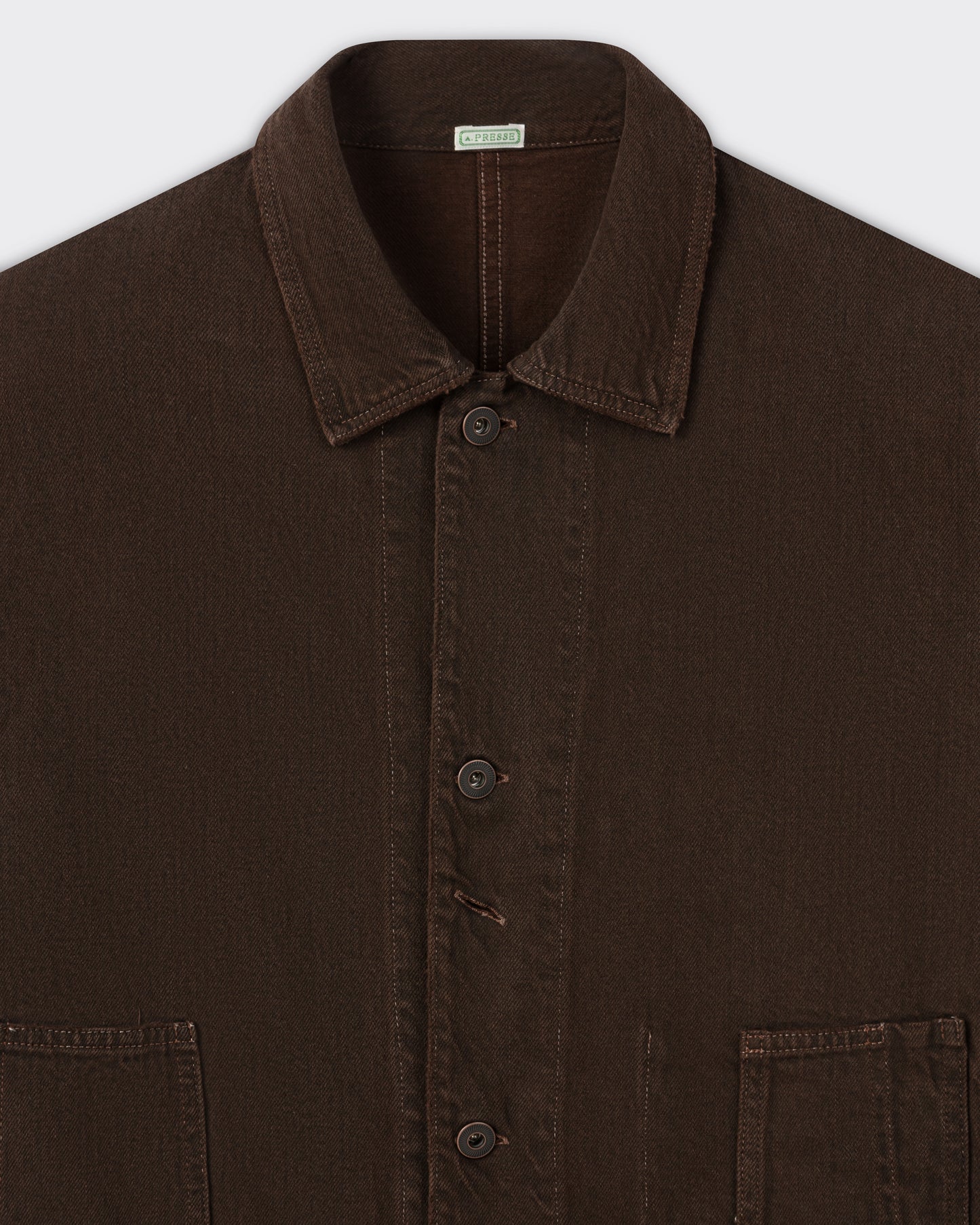 A.PRESSE chore jacket in brown overdyed denim, collar detail, BEIGE HABILLEUR PARIS
