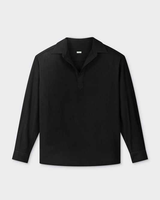 A.PRESSE vareuse in black wool flannel, front view, pullover cut, made in Japan