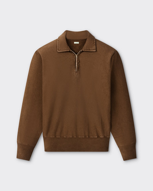 A.PRESSE half-zip sweatshirt in brown cotton fleece, front view, BEIGE HABILLEUR PARIS
