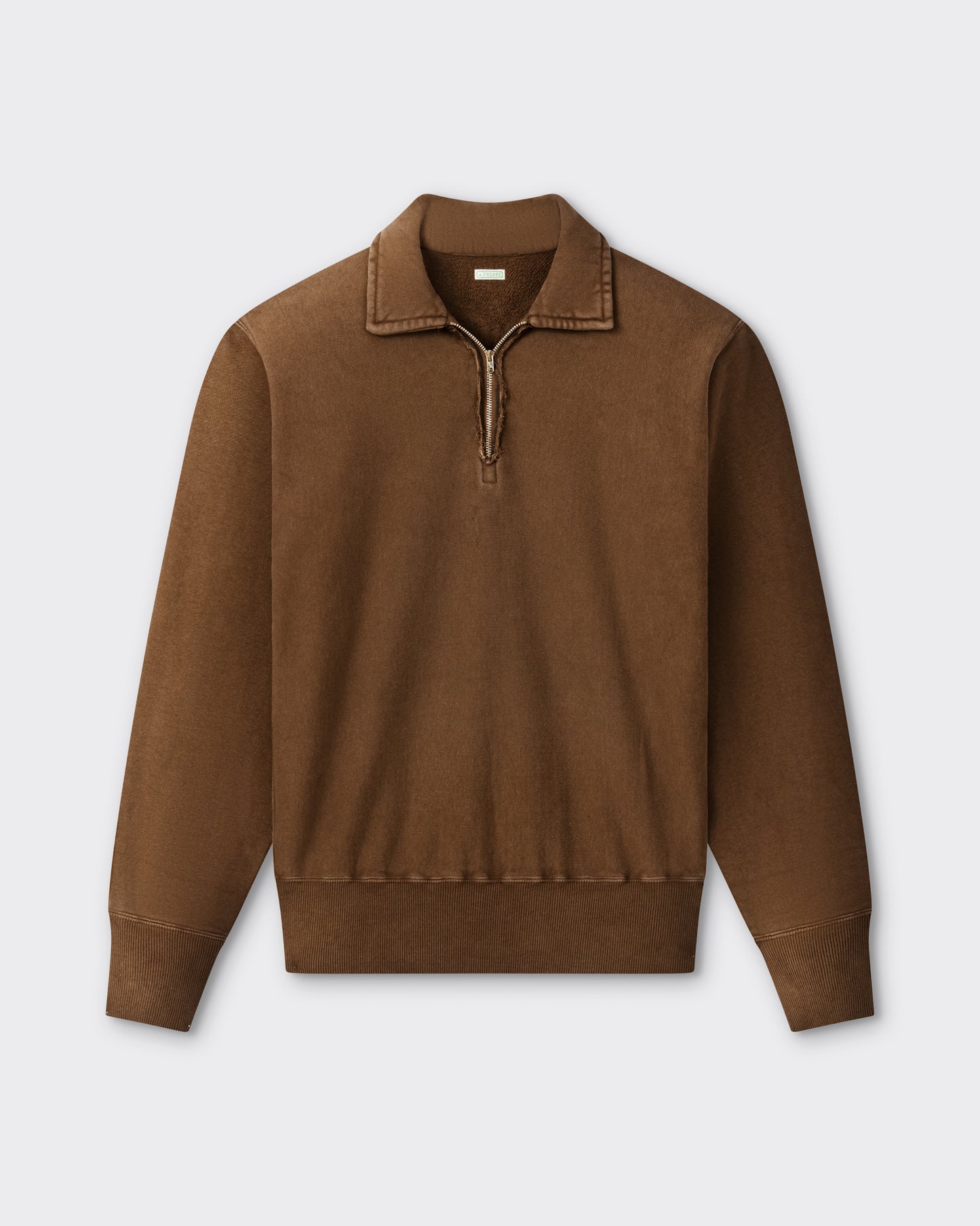 A.PRESSE half zip sweatshirt in brown cotton fleece, front view, made in Japan