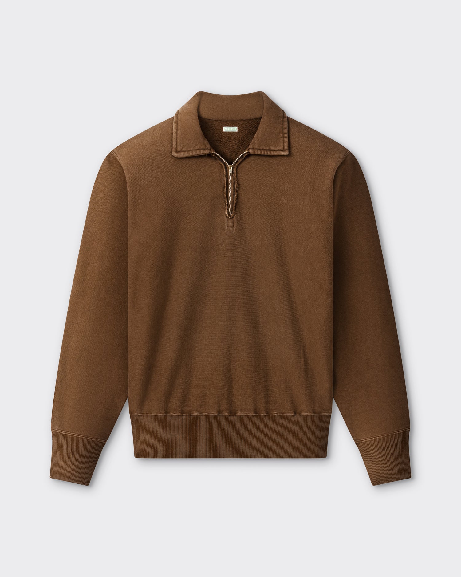 A.PRESSE half zip sweatshirt in brown cotton fleece, front view, made in Japan