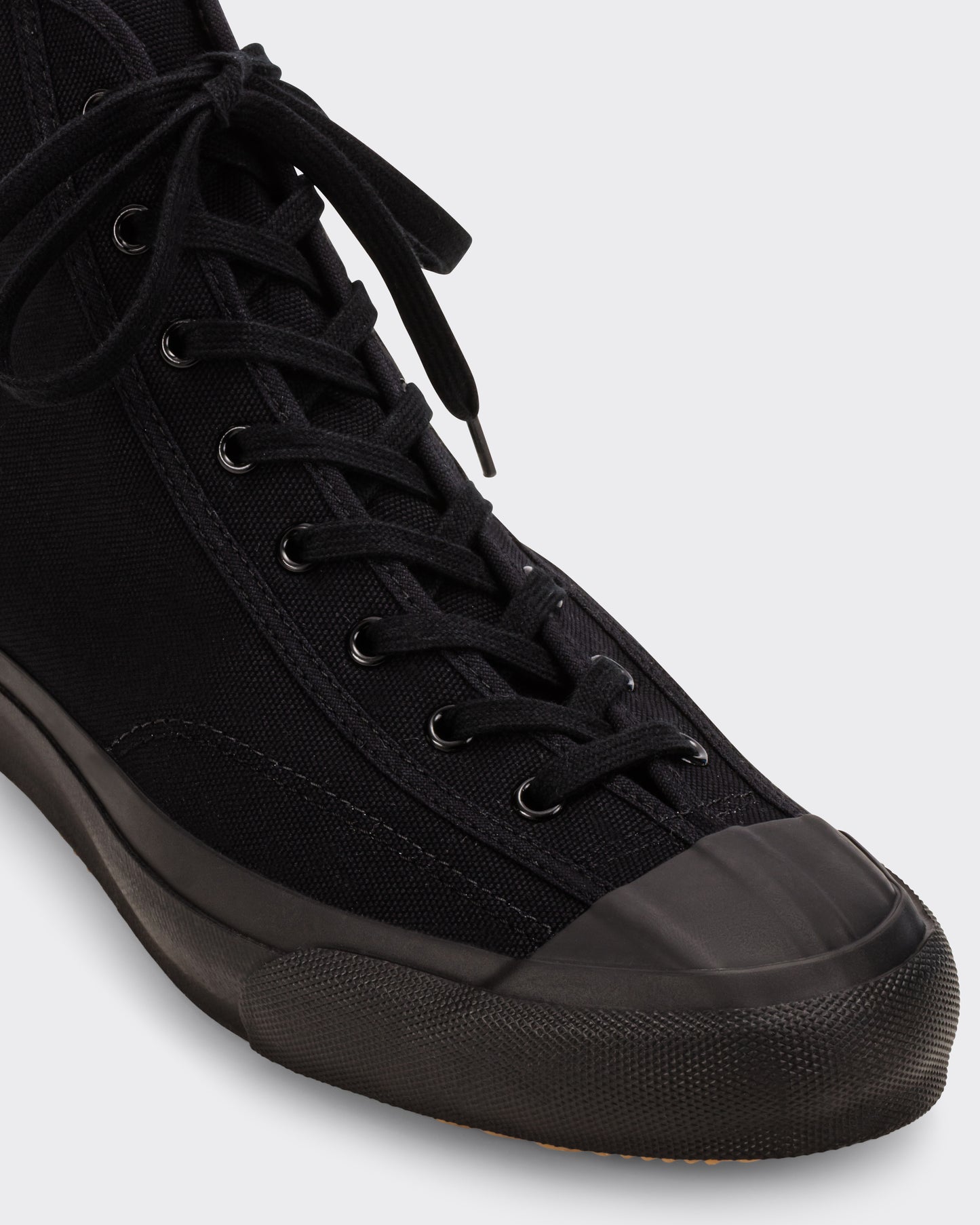 Detail of the Moonstar Gym Classic Hi black canvas upper, handmade in Kurume, Japan