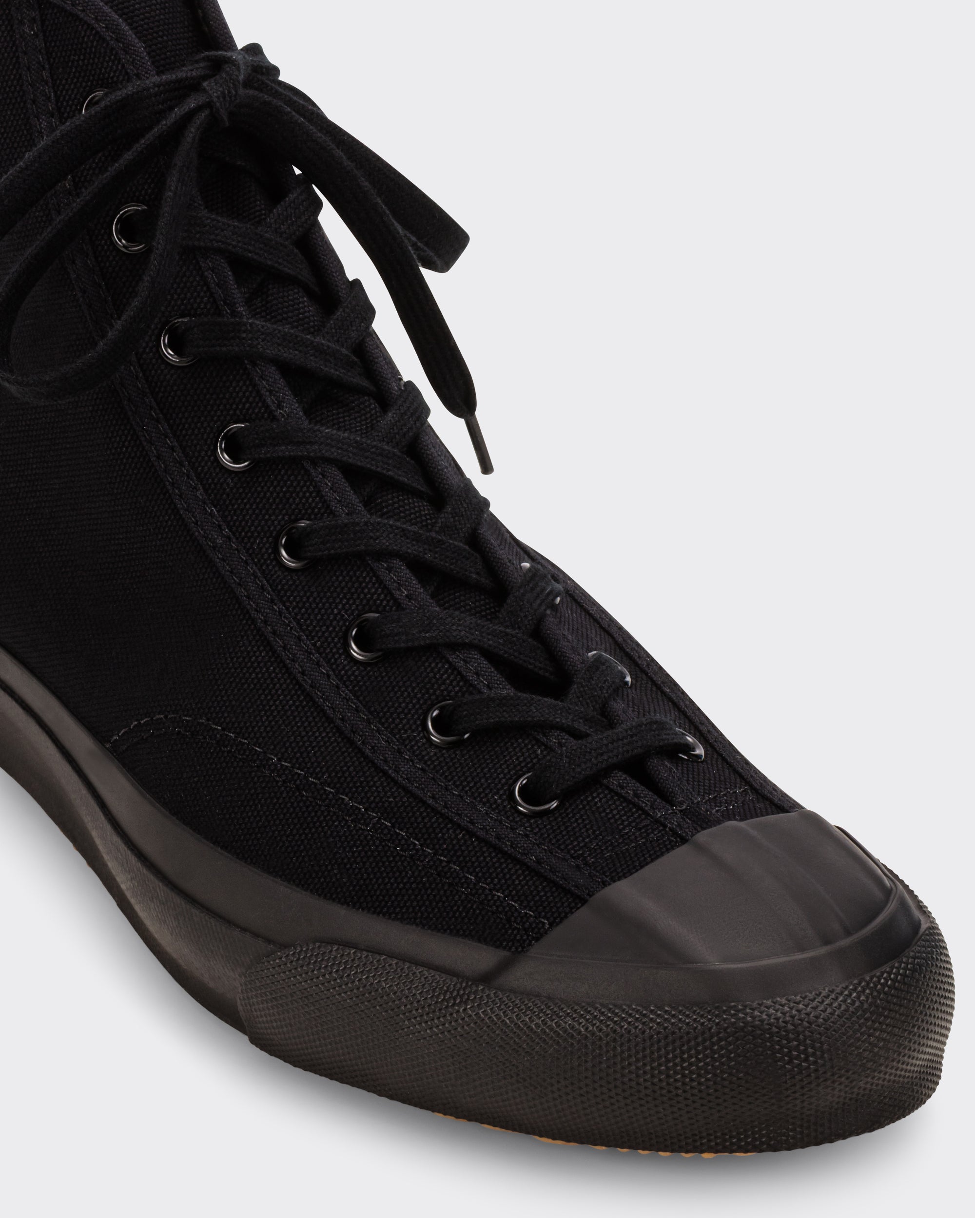 Detail of the Moonstar Gym Classic Hi black canvas upper, handmade in Kurume, Japan