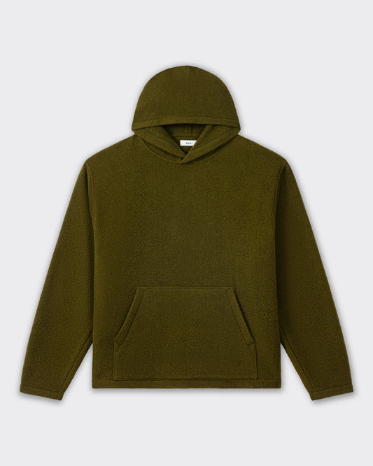 RIER hooded wool fleece in Soil olive green, front view