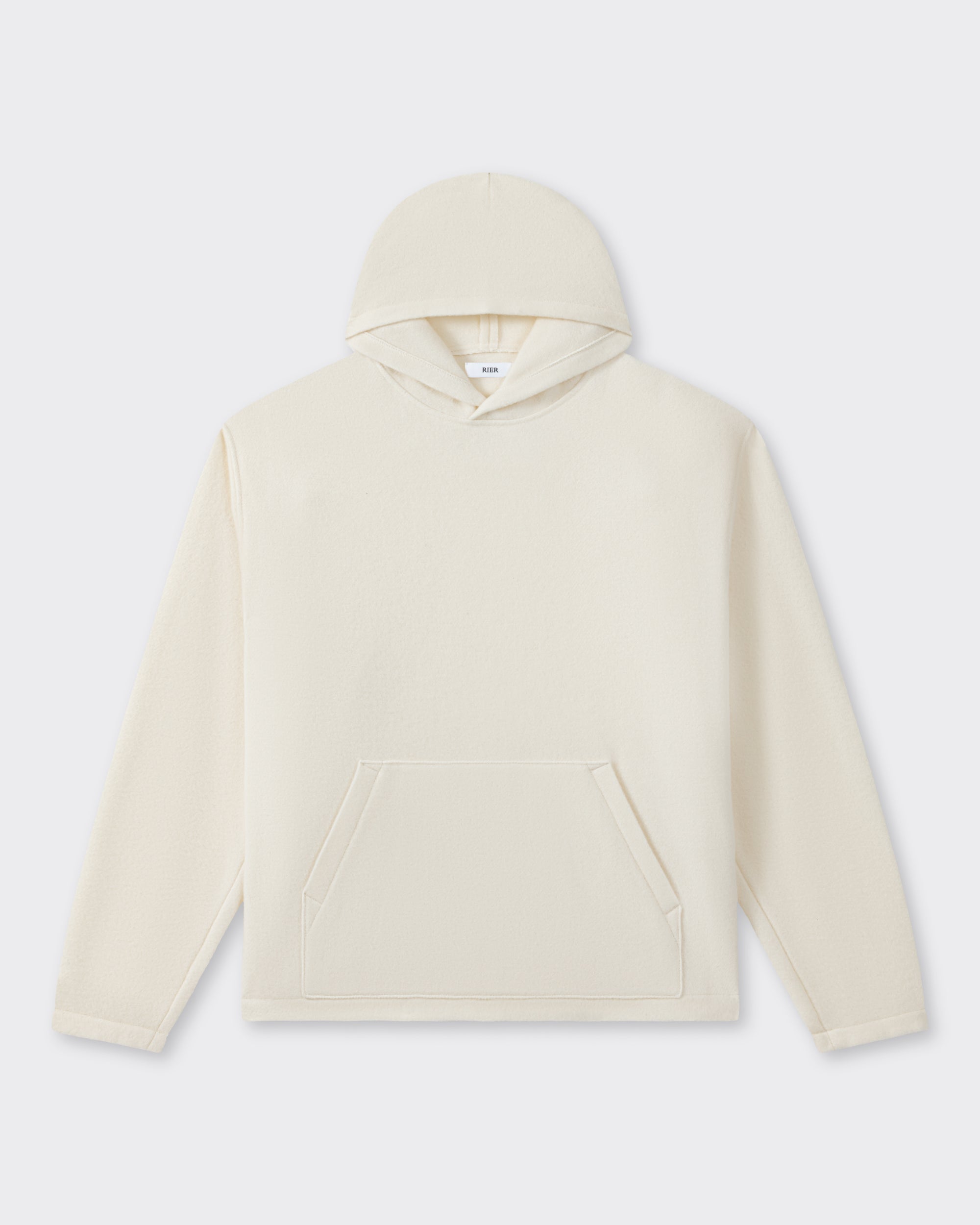 RIER hooded wool fleece in white, front view