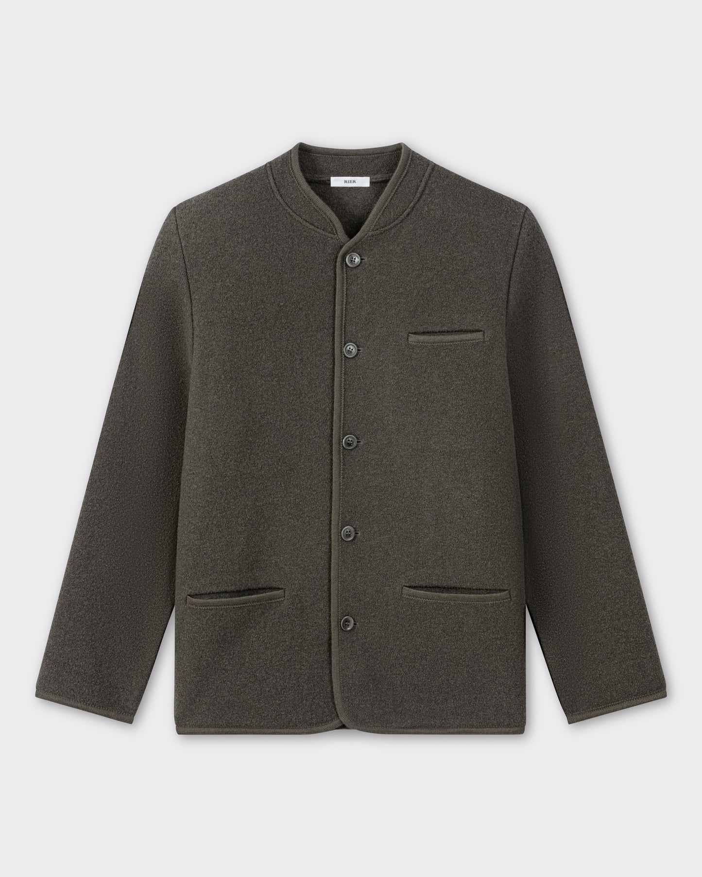 RIER Walker wool jacket in Zinc grey, front view, collarless with button front