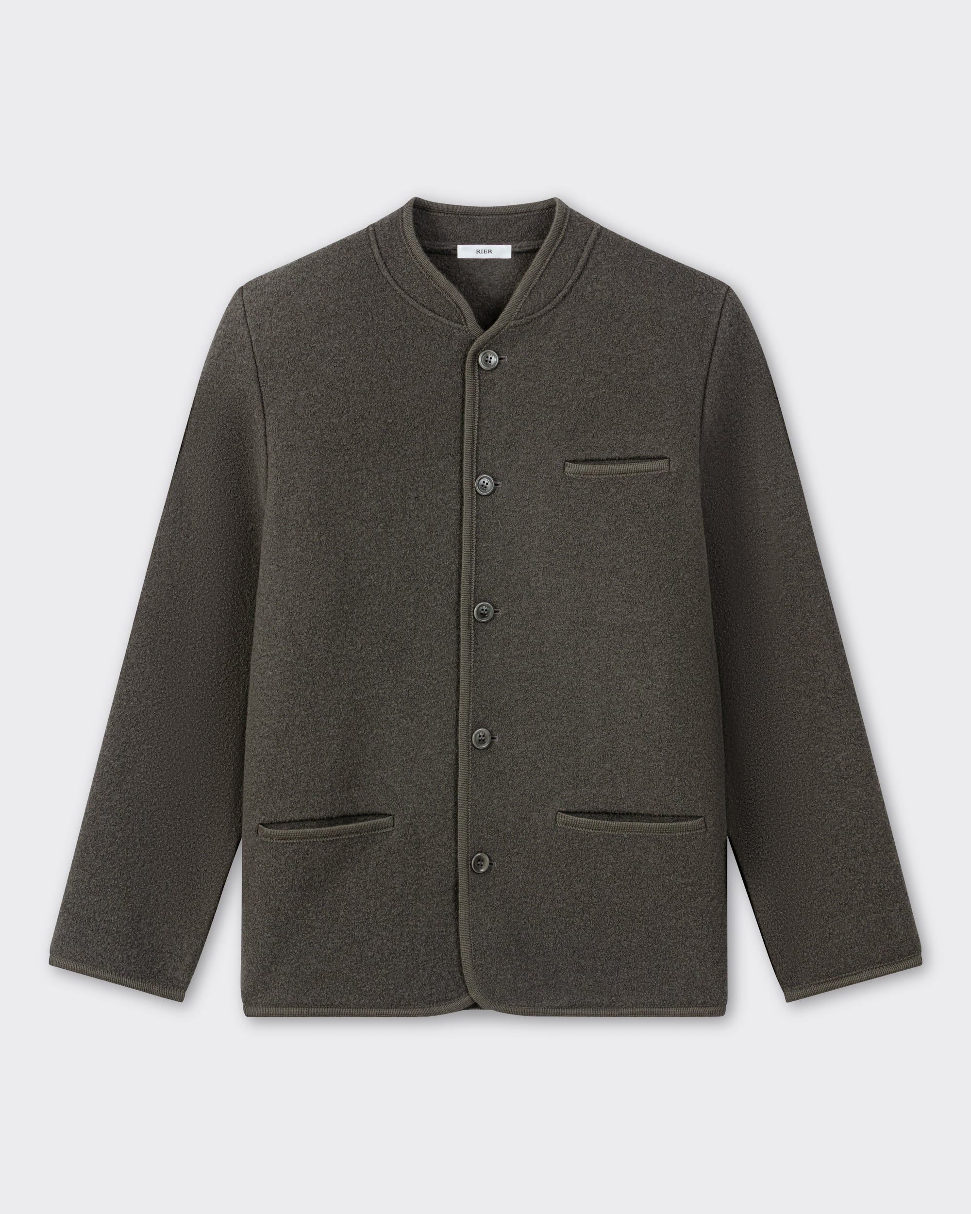 RIER Walker wool jacket in Zinc grey, front view, collarless with button front
