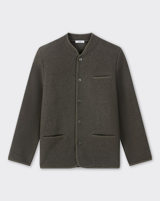 RIER Walker wool jacket in Zinc grey, front view, collarless with button front