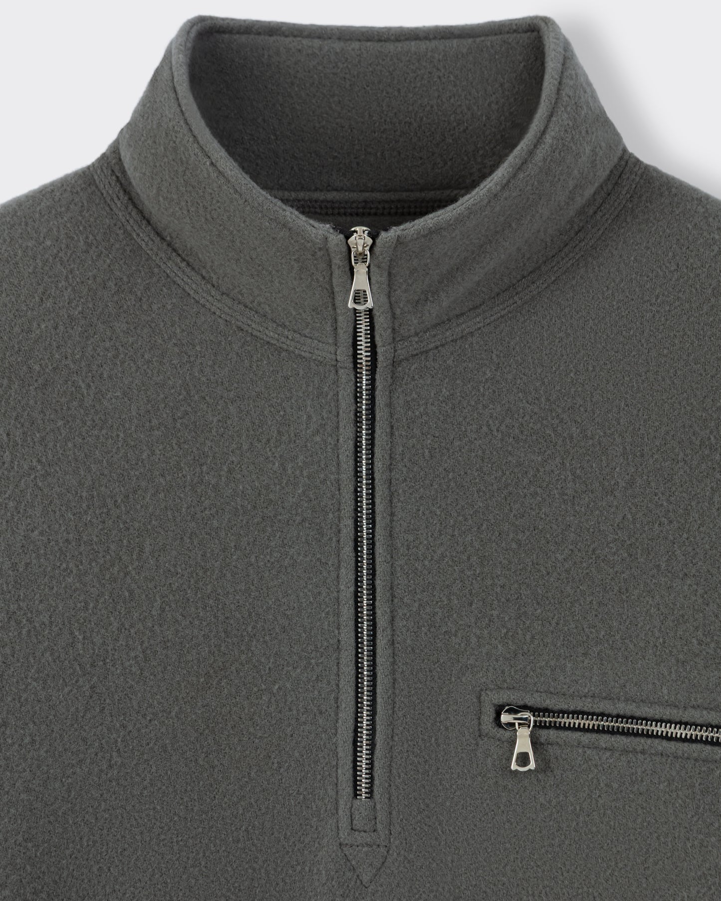 RIER half zip wool fleece in Zinc grey, close-up of the Riri metal zip and zipped chest pocket
