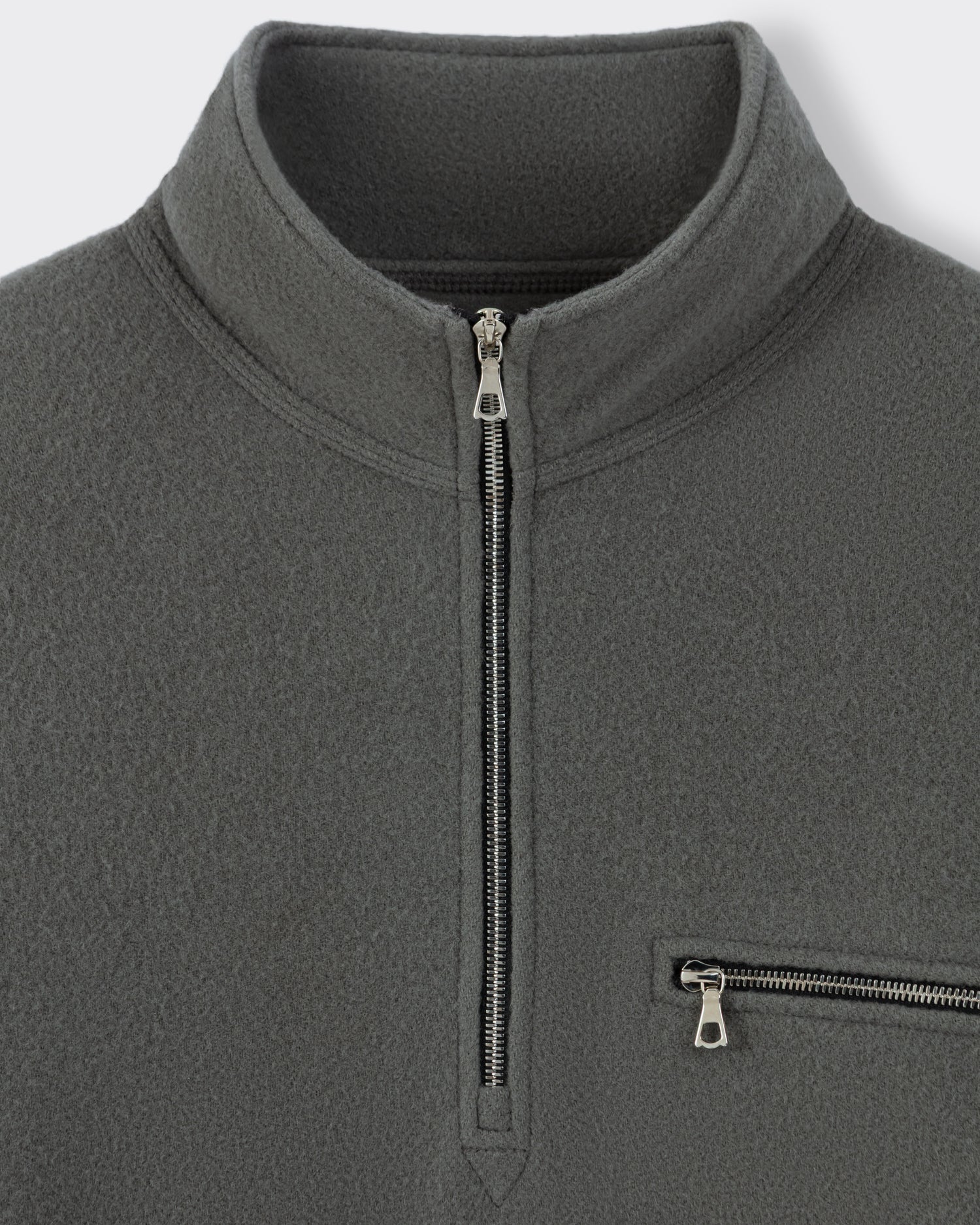 RIER half zip wool fleece in Zinc grey, close-up of the Riri metal zip and zipped chest pocket