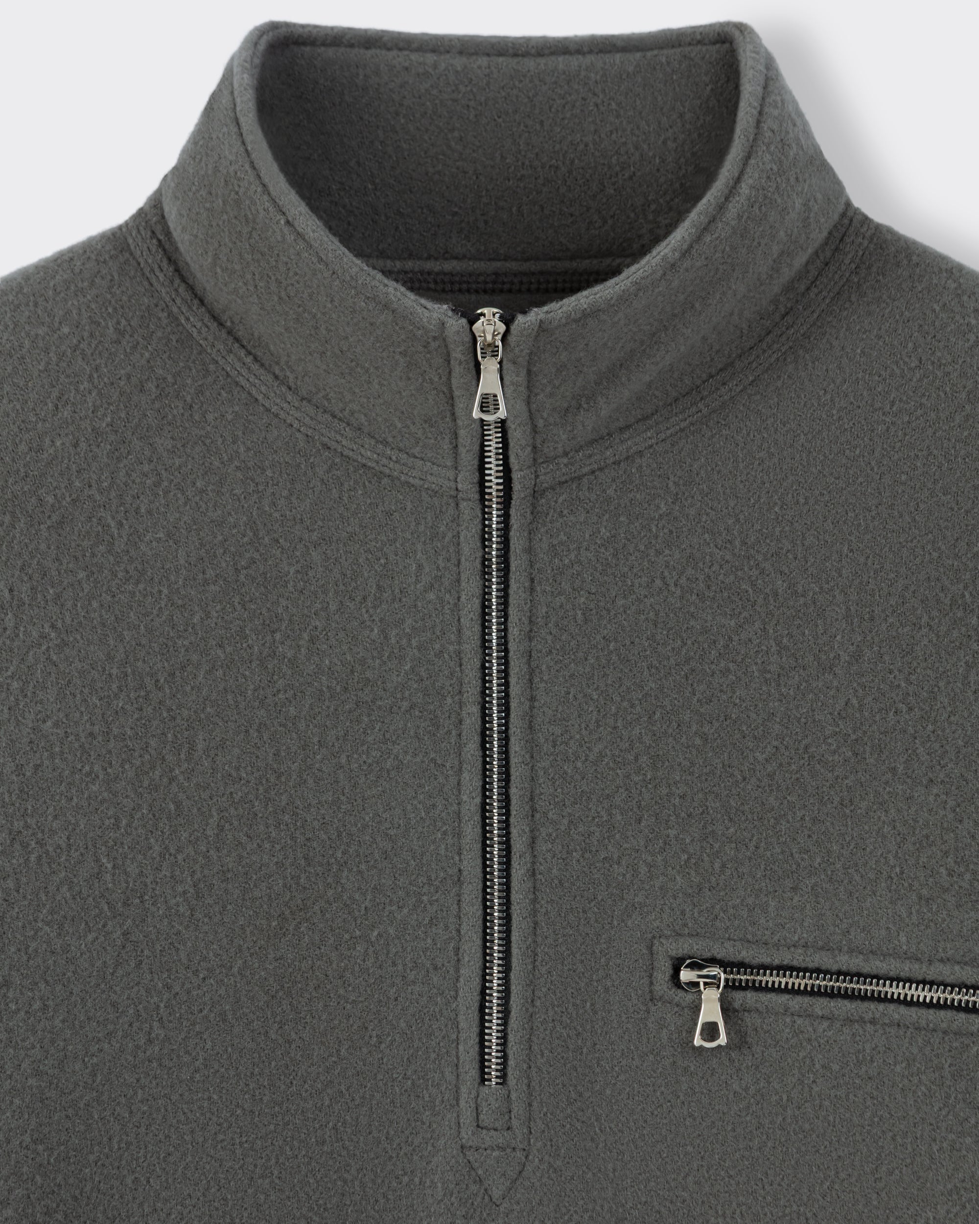 RIER half zip wool fleece in Zinc grey, close-up of the Riri metal zip and zipped chest pocket