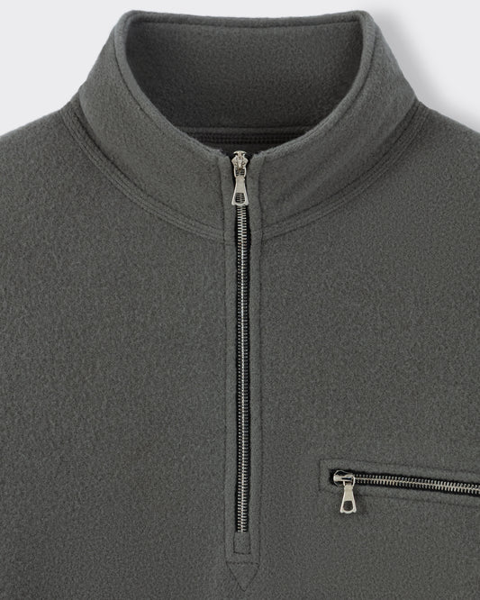 RIER half zip wool fleece in Zinc grey, close-up of the Riri metal zip and zipped chest pocket