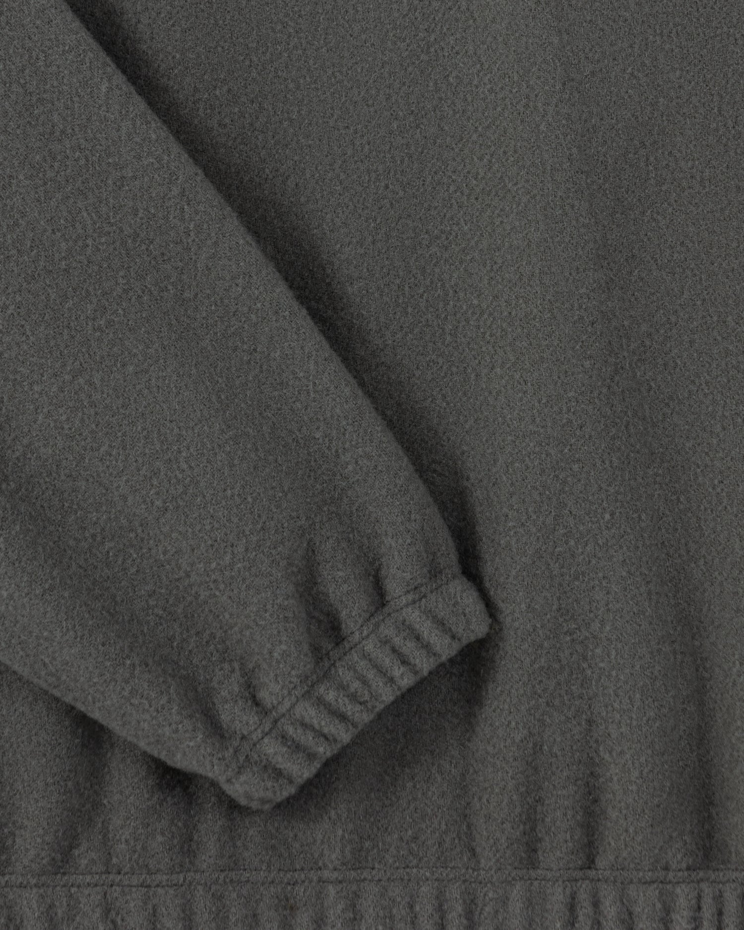RIER half zip wool fleece in Zinc grey, close-up of the elasticated cuff and natural wool fleece texture