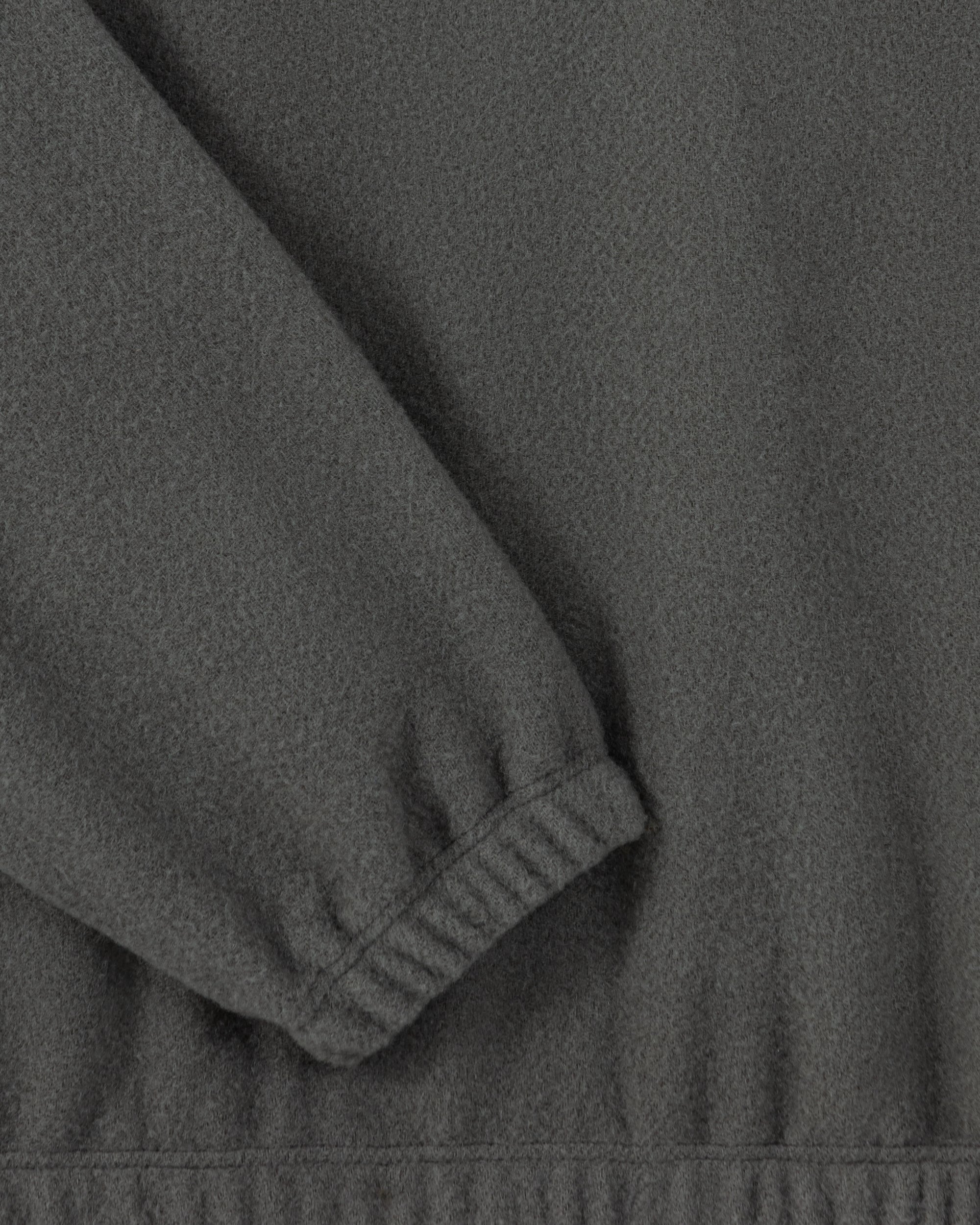 RIER half zip wool fleece in Zinc grey, close-up of the elasticated cuff and natural wool fleece texture