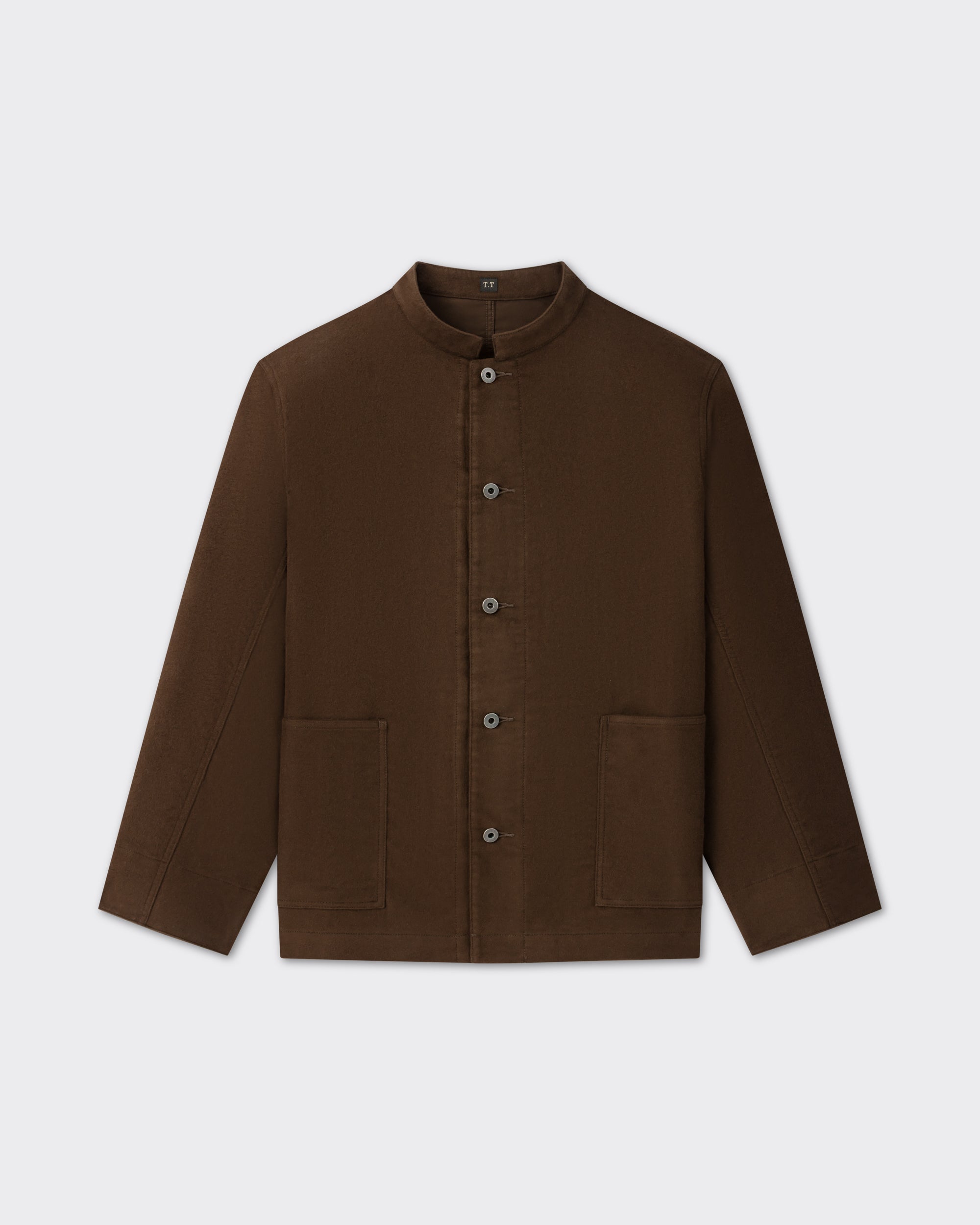 T.T Lot.307 Stand Collar Jacket in dark brown moleskin, front view