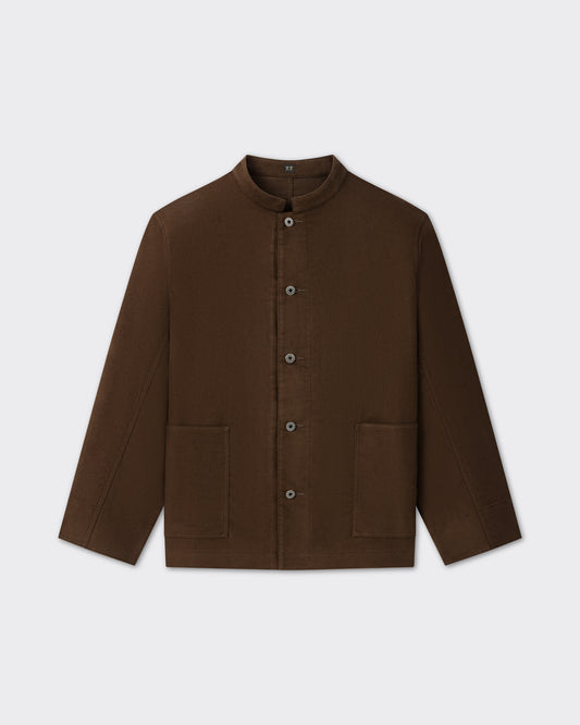 T.T Lot.307 Stand Collar Jacket in dark brown moleskin, front view