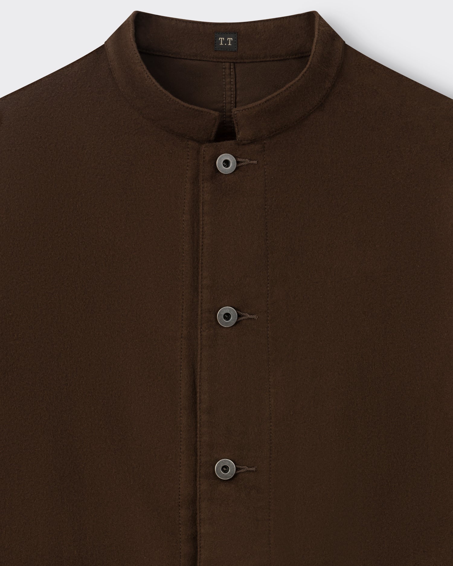 T.T Lot.307 Stand Collar Jacket in dark brown moleskin, collar detail